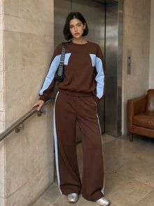 Aidyla Setelan 2 Potong Sweatshirt Leher Bulat Motif Blok Warna untuk Wanita - MultiWarna - View 2
