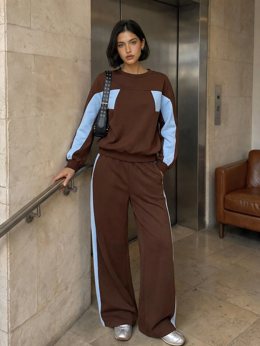 Aidyla Setelan 2 Potong Sweatshirt Leher Bulat Motif Blok Warna untuk Wanita