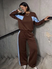 Aidyla Setelan 2 Potong Sweatshirt Leher Bulat Motif Blok Warna untuk Wanita - MultiWarna - View 3
