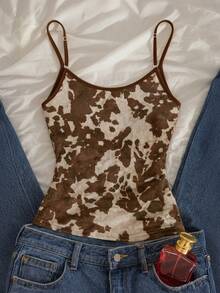 IslaSuriya Cow Print Digital Graphic Minimalist Sexy Cowgirl Camisole, Gift For Friends Going Out Night Out White Summer - White - View 2