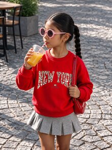 Tween Girls Solid Color Casual Streetwear Leopard Print Letter Crew Neck Sweatshirt Autumn Fall School Red Leopard Print - Red - View 1