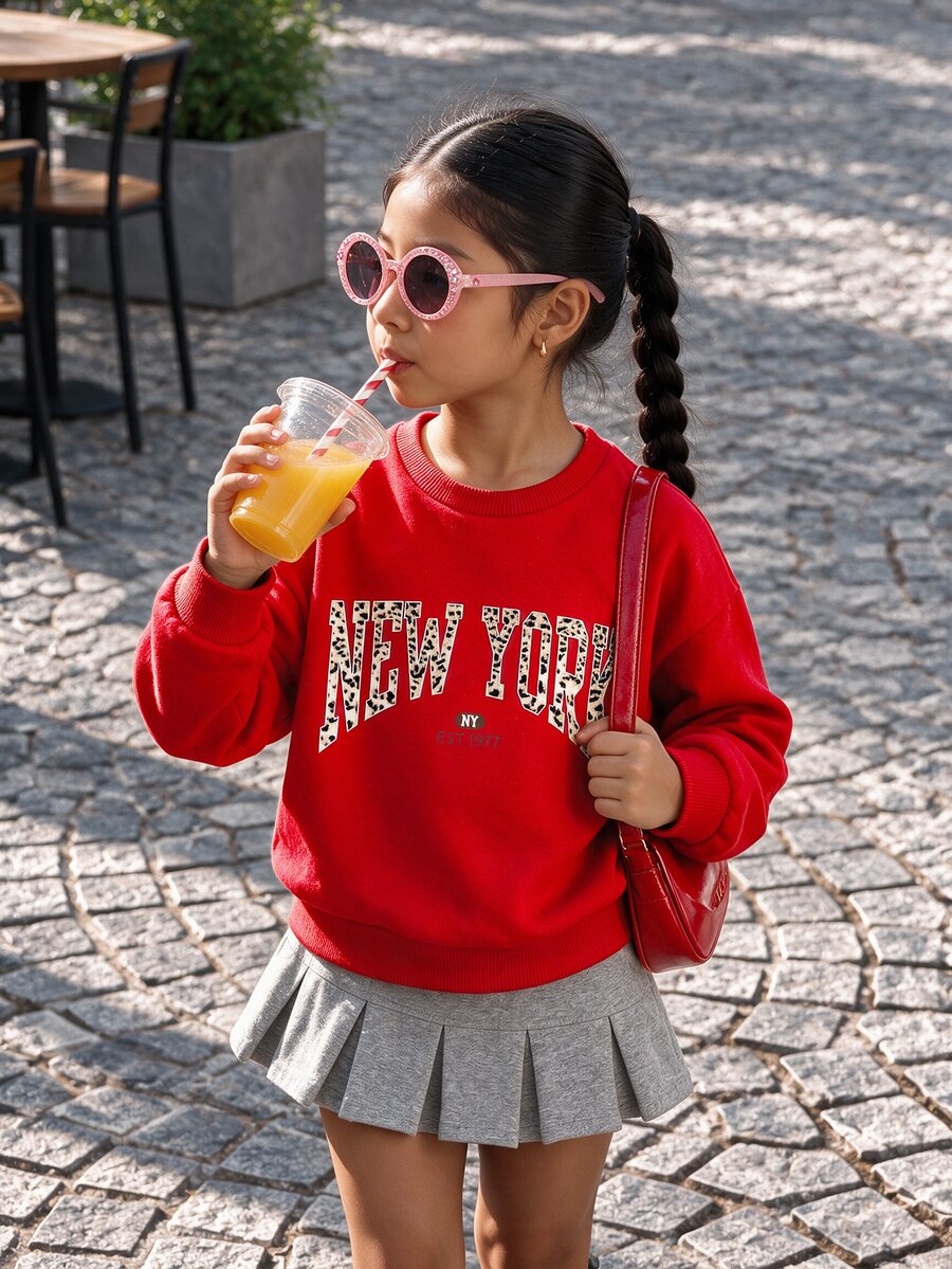 Tween Girls Solid Color Casual Streetwear Leopard Print Letter Crew Neck Sweatshirt Autumn Fall School Red Leopard Print - Red - View 1