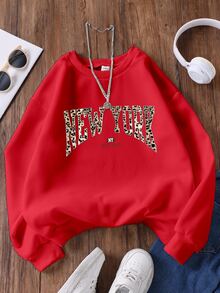 Tween Girls Solid Color Casual Streetwear Leopard Print Letter Crew Neck Sweatshirt Autumn Fall School Red Leopard Print - Red - View 3