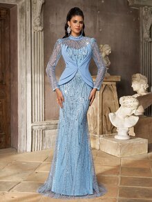 Aureia Elegant Queen Gray-Blue Sequin Embroidered Patchwork Knit Stand Collar Long Sleeve 2 In 1 Mermaid Dress Women's Formal Wedding Party Winter - Gray Blue - View 8