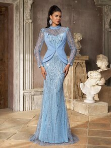 Aureia Elegant Queen Gray-Blue Sequin Embroidered Patchwork Knit Stand Collar Long Sleeve 2 In 1 Mermaid Dress Women's Formal Wedding Party Winter - Gray Blue - View 5