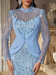 Aureia Elegant Queen Gray-Blue Sequin Embroidered Patchwork Knit Stand Collar Long Sleeve 2 In 1 Mermaid Dress Women's Formal Wedding Party Winter - Gray Blue - View 4