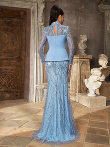 Aureia Elegant Queen Gray-Blue Sequin Embroidered Patchwork Knit Stand Collar Long Sleeve 2 In 1 Mermaid Dress Women's Formal Wedding Party Winter - Gray Blue - View 3