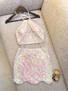 SHEIN 女款度假休閒性感白色亮片露背掛脖晚宴夜店派對優雅修身亮片兩件套，亮片上衣＋亮片裙，夏季 - 白色 - 查看 7