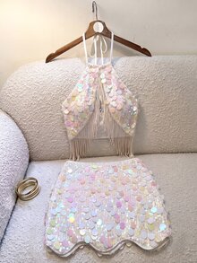 SHEIN 女款度假休閒性感白色亮片露背掛脖晚宴夜店派對優雅修身亮片兩件套，亮片上衣＋亮片裙，夏季 - 白色 - 查看 6