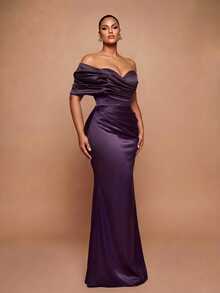 Vowa Plus Size Elegant Romantic Luxury Brown One-Shoulder Cloud Print Ruched Waist Fitted Bodycon Mermaid Hem With Train Evening Gown For Wedding Party Celebration Formal Event Heavy Embellished - Brown - View 3