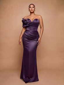 Vowa Plus Size Elegant Romantic Luxury Brown One-Shoulder Cloud Print Ruched Waist Fitted Bodycon Mermaid Hem With Train Evening Gown For Wedding Party Celebration Formal Event Heavy Embellished - Brown - View 5