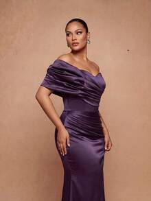 Vowa Plus Size Elegant Romantic Luxury Brown One-Shoulder Cloud Print Ruched Waist Fitted Bodycon Mermaid Hem With Train Evening Gown For Wedding Party Celebration Formal Event Heavy Embellished - Brown - View 6