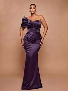 Vowa Plus Size Elegant Romantic Luxury Brown One-Shoulder Cloud Print Ruched Waist Fitted Bodycon Mermaid Hem With Train Evening Gown For Wedding Party Celebration Formal Event Heavy Embellished - Brown - View 7