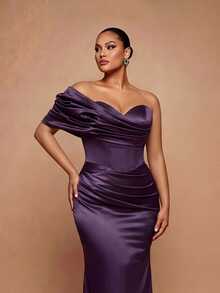 Vowa Plus Size Elegant Romantic Luxury Brown One-Shoulder Cloud Print Ruched Waist Fitted Bodycon Mermaid Hem With Train Evening Gown For Wedding Party Celebration Formal Event Heavy Embellished - Brown - View 2