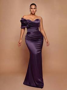 Vowa Plus Size Elegant Romantic Luxury Brown One-Shoulder Cloud Print Ruched Waist Fitted Bodycon Mermaid Hem With Train Evening Gown For Wedding Party Celebration Formal Event Heavy Embellished - Brown - View 1