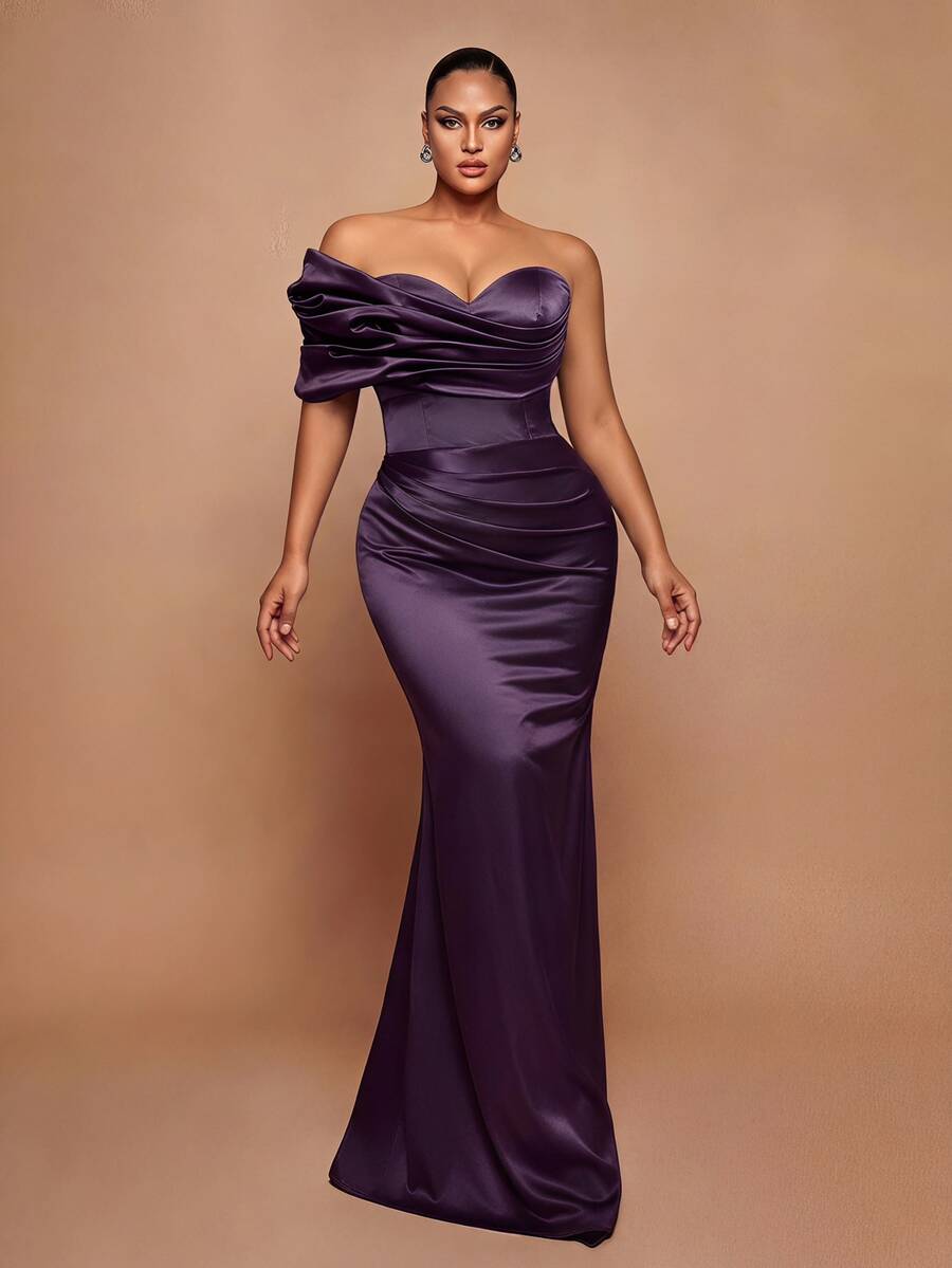 Vowa Plus Size Elegant Romantic Luxury Brown One-Shoulder Cloud Print Ruched Waist Fitted Bodycon Mermaid Hem With Train Evening Gown For Wedding Party Celebration Formal Event Heavy Embellished - Brown - View 1