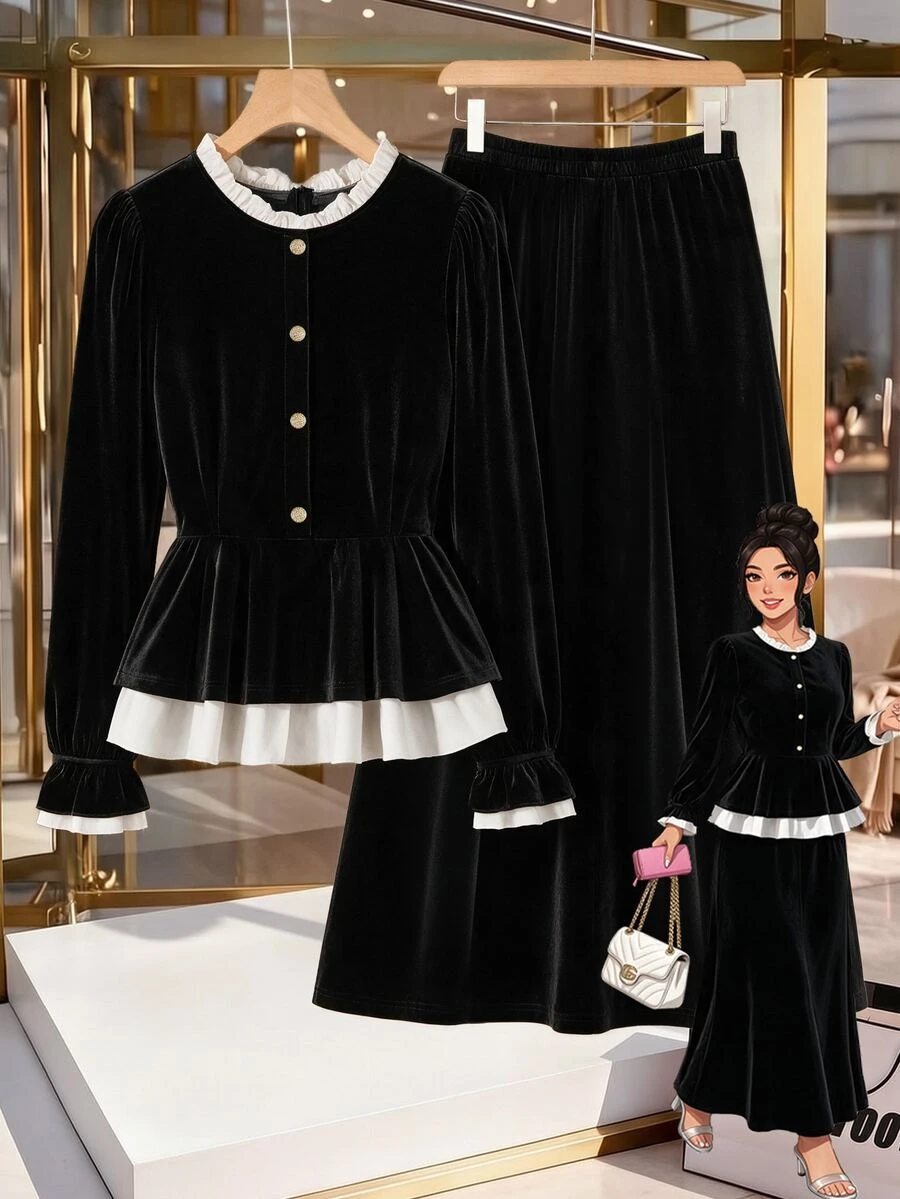 GlowEve CURVE This 2026plus-Size Women's Elegant Ruffled Top And Skirt Two Pieces Set Is Suitable For Everyday Commuting And Formal Parties.Women's Autumn/Winter Set - Black and White - View 1
