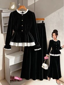GlowEve CURVE This 2026plus-Size Women's Elegant Ruffled Top And Skirt Two Pieces Set Is Suitable For Everyday Commuting And Formal Parties.Women's Autumn/Winter Set - Black and White - View 8
