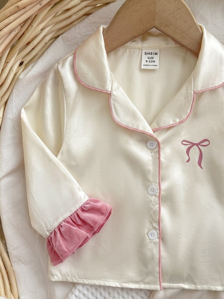 SHEIN Baby Girl Bow Front Contrast Binding Ruffle Trim Pajamas Set - Beige - View 7