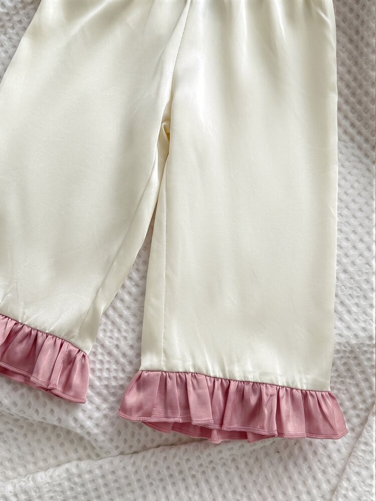 SHEIN Baby Girl Bow Front Contrast Binding Ruffle Trim Pajamas Set - Beige - View 6