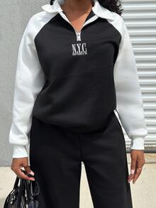 Alexandranx Women's Polo Collar Half Zip Raglan Sleeve Fleece Sweatshirt, Autumn/Winter - Black and White - View 6