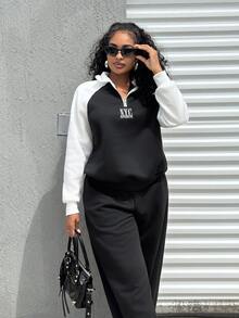 Alexandranx Women's Polo Collar Half Zip Raglan Sleeve Fleece Sweatshirt, Autumn/Winter - Black and White - View 4