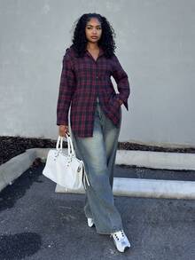 Alexandranx Vintage Plaid Loose Fit Shirt For Women, Fashionable And Versatile, Autumn/Winter, Christmas - Multicolor - View 3