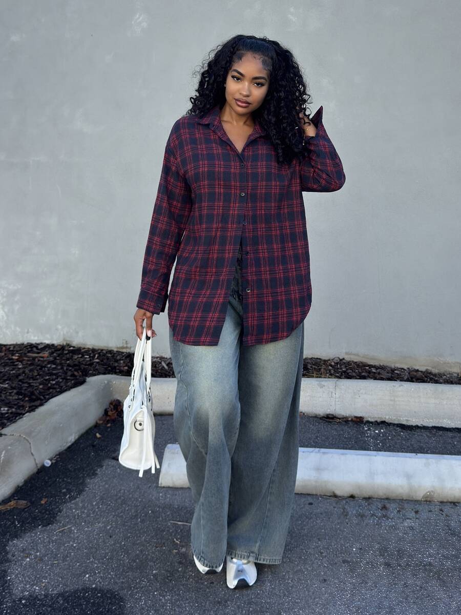 Alexandranx Vintage Plaid Loose Fit Shirt For Women, Fashionable And Versatile, Autumn/Winter, Christmas - Multicolor - View 1