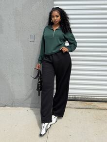 Alexandranx Casual Versatile Retro American Half-Zip Solid Color Sweatshirt, Autumn/Winter - Green - View 6