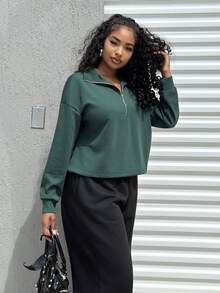Alexandranx Casual Versatile Retro American Half-Zip Solid Color Sweatshirt, Autumn/Winter - Green - View 4
