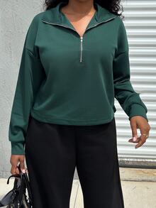 Alexandranx Casual Versatile Retro American Half-Zip Solid Color Sweatshirt, Autumn/Winter - Green - View 5