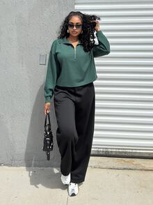 Alexandranx Casual Versatile Retro American Half-Zip Solid Color Sweatshirt, Autumn/Winter - Green - View 1
