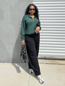 Alexandranx Casual Versatile Retro American Half-Zip Solid Color Sweatshirt, Autumn/Winter - Green - View 3