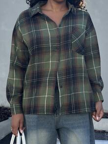 Alexandranx Women's Casual Plaid Dropped Shoulder Loose Blouse, Autumn Long Sleeve Women - Green - View 6
