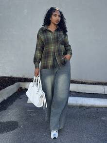 Alexandranx Women's Casual Plaid Dropped Shoulder Loose Blouse, Autumn Long Sleeve Women - Green - View 3