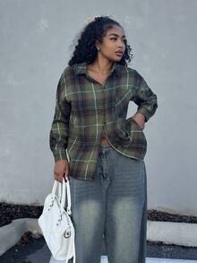 Alexandranx Women's Casual Plaid Dropped Shoulder Loose Blouse, Autumn Long Sleeve Women - Green - View 4