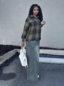 Alexandranx Women's Casual Plaid Dropped Shoulder Loose Blouse, Autumn Long Sleeve Women - Green - View 5