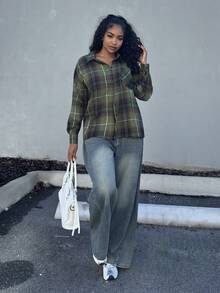 Alexandranx Women's Casual Plaid Dropped Shoulder Loose Blouse, Autumn Long Sleeve Women - Green - View 1