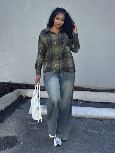 Alexandranx Women's Casual Plaid Dropped Shoulder Loose Blouse, Autumn Long Sleeve Women
