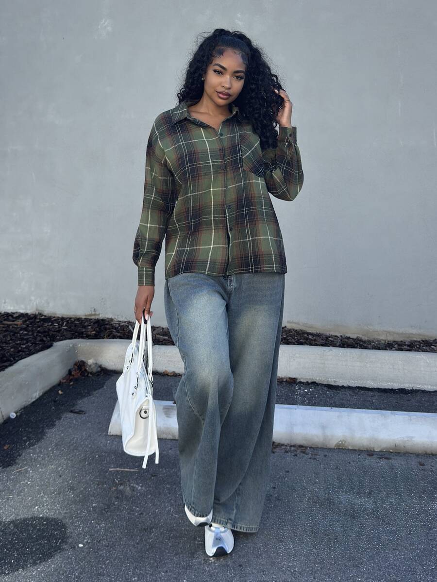 Alexandranx Women's Casual Plaid Dropped Shoulder Loose Blouse, Autumn Long Sleeve Women - Green - View 1