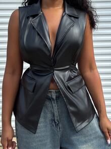Alexandranx Women's Solid Color Lapel NeckSingle-Breasted PU Leather Vest Jacket - Black - View 4