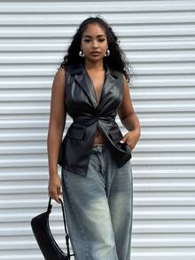 Alexandranx Women's Solid Color Lapel NeckSingle-Breasted PU Leather Vest Jacket - Black - View 3