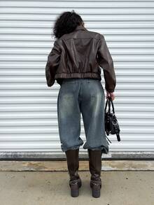 Alexandranx Women's Motorcycle PU Leather Jacket, Loose Fit High-End Black Retro Jacket, Unique Elegant Top For Spring & Autumn - Brown - View 2