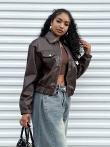Alexandranx Women's Motorcycle PU Leather Jacket, Loose Fit High-End Black Retro Jacket, Unique Elegant Top For Spring & Autumn - Brown - View 5