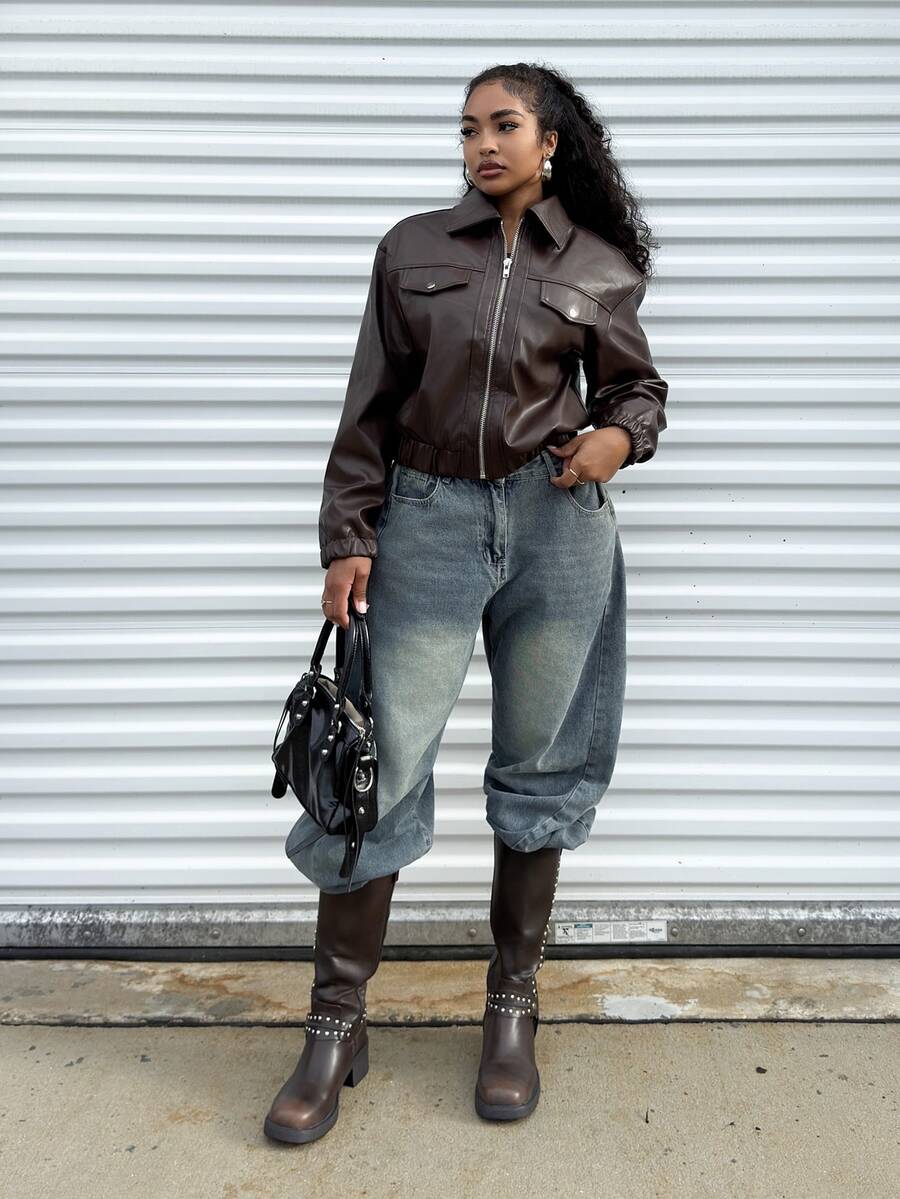 Alexandranx Women's Motorcycle PU Leather Jacket, Loose Fit High-End Black Retro Jacket, Unique Elegant Top For Spring & Autumn - Brown - View 1