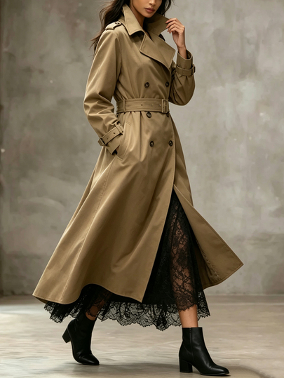 SHEIN Women's Classic Trench Coat Double Breasted Long Windbreaker With Belt Lapel Elegant Flowy Jacket Fall Winter Casual Office Outerwear Khaki