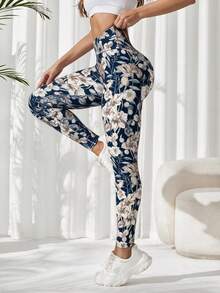 SHEIN Sovereign Charm Legging Olahraga Tanpa Jahitan Pinggang Tinggi Motif Bunga - Navy Blue - View 3