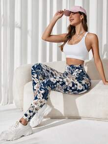 SHEIN Sovereign Charm Legging Olahraga Tanpa Jahitan Pinggang Tinggi Motif Bunga - Navy Blue - View 4