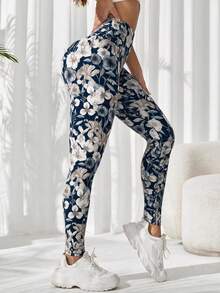 SHEIN Sovereign Charm Legging Olahraga Tanpa Jahitan Pinggang Tinggi Motif Bunga - Navy Blue - View 5