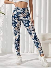 SHEIN Sovereign Charm Legging Olahraga Tanpa Jahitan Pinggang Tinggi Motif Bunga - Navy Blue - View 2